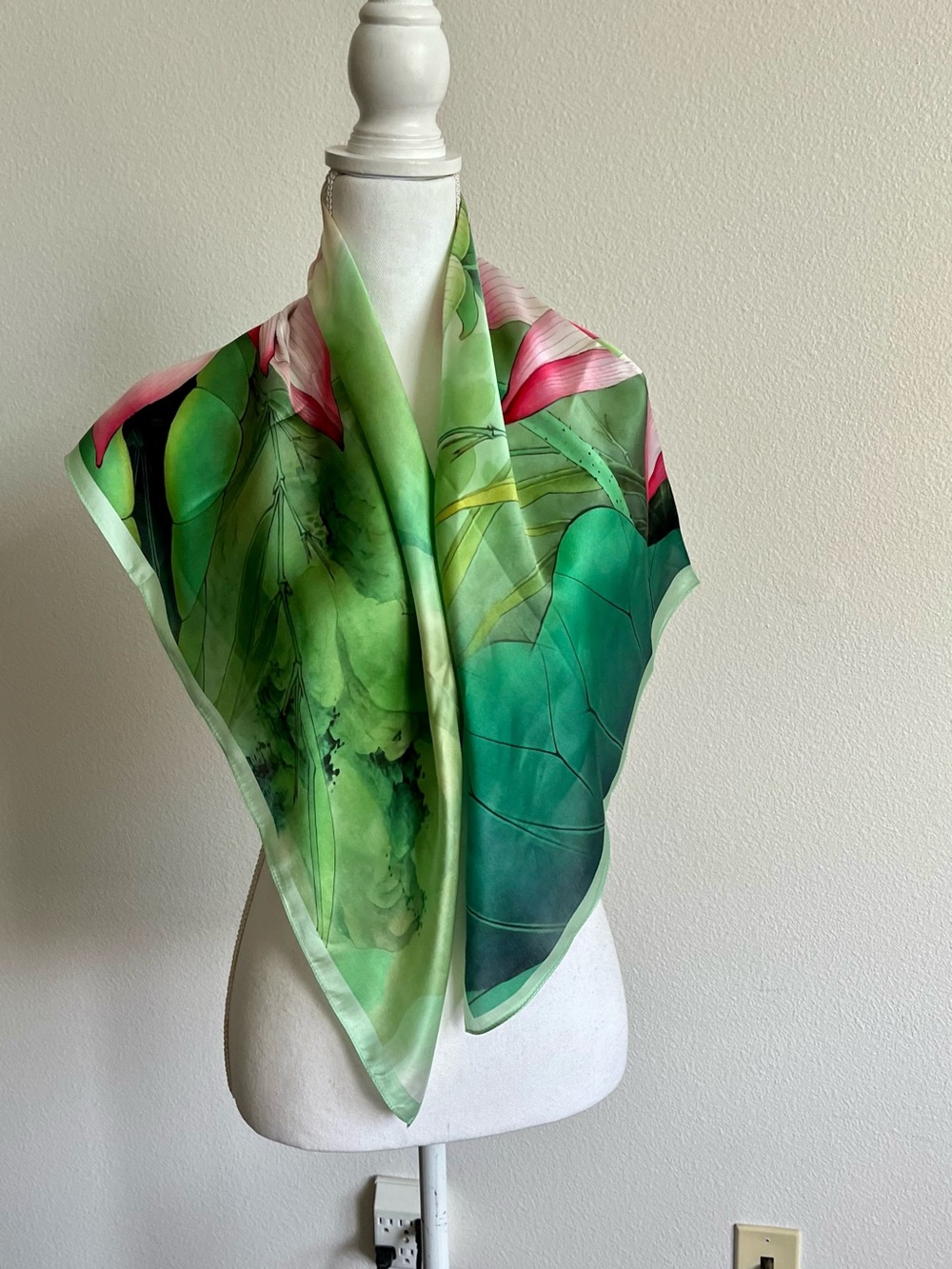 100% silk Florals  Lotus Silk Scarf with Pink & Green Watercolor Design - Picture 9 of 10